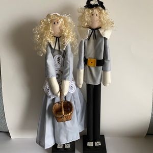 Vintage Pilgrim Man Woman Wood Figures Thanksgiving Holiday Figurines Tall 20"